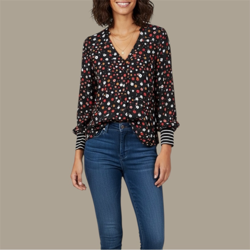 CAbi Cheerful Blouse Sz XS Black Floral Red 3957